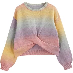 Girl's Ombre Print Twist Hem Sweaters Long Sleeve Crew Neck Knit Pullover Sweater Jumper Top