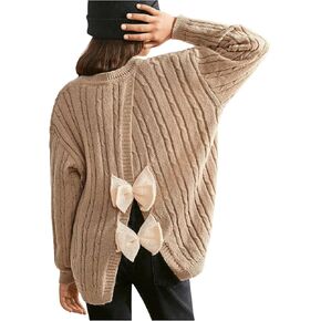 GORGLITTER Girl's Bow Long Sleeve Crew Neck Knitted Sweater Pullover Wrap Sweaters with Slit