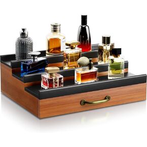 Cologne Organizer for Men,Wooden Perfume Organizer with Hidden Compartment and Drawer,Cologne Stand Organizer and Storage Display Risers for Dresser,Great Gift for Men/Friend(Black)