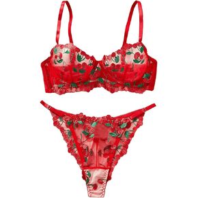 Women's 2 Piece Lingerie Set Babydoll Cherry Sexy Sheer Mesh underwire Bra and Panty Thong Nightwear Sets