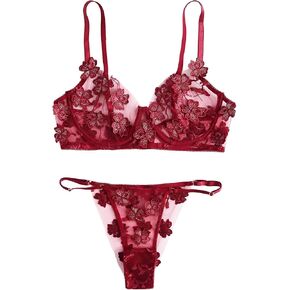 Lilosy Sexy Applique Floral Mesh Sheer Underwire Lingerie Set 2 Piece in Kuwait