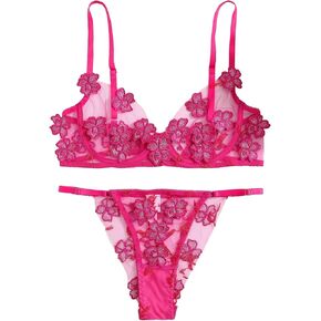 Lilosy Sexy Applique Floral Mesh Sheer Underwire Lingerie Set 2 Piece