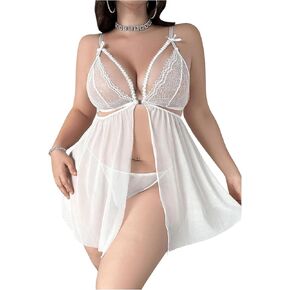 MakeMeChic Women's Plus Size 2 Piece Lingerie Set Sheer Cut Out Babydoll Split Nightgowns Chemise with Thong