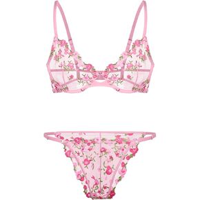 Lilosy Sexy Floral Embroidered Mesh Sheer Underwire Lingerie Set