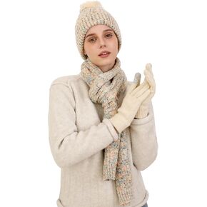 Double Couple 3pcs Winter Woven scarf and hat and Touch Screen Gloves Set for Women Knit Hat with Faux Fur Ball Scarves Glove