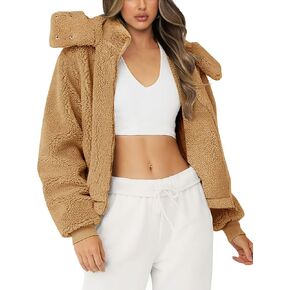 Micoson Womens Faux Fur Coat Winter Full Zip Sherpa Fleece Jacket Long Sleeve Warm Fuzzy Outerwear with Hooded