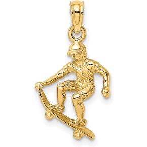 Solid Polished 3D Skateboarder Charm In Real 14k Yellow Gold 16 mm x 13 mm
