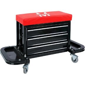 MaxWorks 51036 Heavy-Duty Rolling Shop Stool with 3-Drawer Tool Chest, Black Cushion Plus Extra Red Replacement Cushion, Ball-Bearing Drawers, 350 lbs Capacity