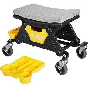YELLOW JACKET Mechanic Stool with Wheels Rolling Stool Chair 300 lbs Capacity,Garage Mechanics Seat with Two Tool Tray and A Drawer Workshop Creeper Seat for Auto Repair Work