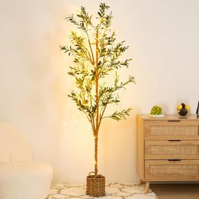 7ft Artificial Olive Tree with LED Fairy Lights & Woven Planter - Lifelike Faux Silk Plant with Realistic Leaves & Fruits and Natural Trunk for Indoor Home Office Living Room Bedroom Foyer Decor
