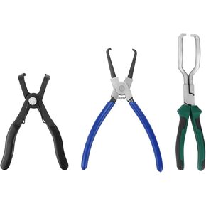 QWORK 3 Pcs Fuel Line Pliers Kit, Includes 80 Degree Disconnect Pliers, 9 Inch Fuel Filter Caliper, Fuel Line Petrol Clip Pipe Pliers, Quick Release Remove for Auto Maintenance