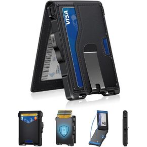 محفظة للرجال، محفظة رجالية نحيفة مع مشبك نقود، محفظة بطاقات ذكية تحجب RFID مع نافذة لبطاقة الهوية، محفظة مدمجة ثنائية الطي، حامل بطاقات ائتمان من الألومنيوم المعدني