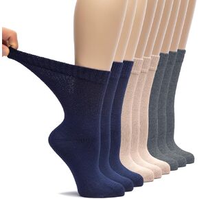Hugh Ugoli Women's Bamboo Loose Fit Diabetic Crew Socks, Soft, Wide & Stretchy with Seamless Toe & Non-Binding Top, 3 Pairs