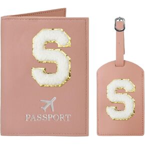 Passport Holder for Travel Women Initial Passport Cover Passport Wallet Passport Case Travel Essentials Leather Passport Holder and Luggage Tags Set With Chenille Letter Patch for Travel Family Pink K