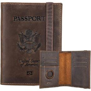 Contacts Full Grain Leather Airtag Passport Holder RFID Blocking Travel Passport Wallet Slim Passport Cover Case for 2 Passports, 5 Card Slots with Logo
