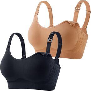 HOFISH Nursing Bras for Breastfeeding, TwinClips Wearable Pump Bra Fixed Pad, Adjustable Support Maternity Bra for Pregnancy, Darkblue+Brown, L