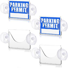 4 Sets Pass Holder Acrylic Parking Permit Holder for Car Windshield with Suction Cup Clear Toll Pass Holder Vehicle Permit Holder Parking Tag Holder for Parking Permit, 4 x 3 Inch