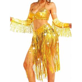 Nicute Cowgirl Costume for Women Gold Sequin Skirt Set Sparkly Carnival Burning Man Rave Outfits for Adult