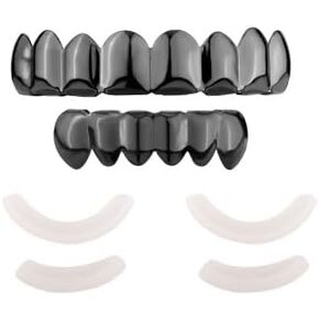 18K Gold Plated Gold Finish 8 Top Teeth 6 Bottom Tooth Hip Hop Teeth Grillz + 2 Molding Bars for Men and Women