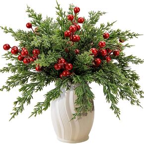 Watayo 45 Pcs Christmas Artificial Pine Branches with Red Berry Stems- 10.5" Faux Evergreen Norfolk Pine Cypress Leaves Stems- Fake Foliage Pine Needles Picks for DIY Craft Garland Home Decor