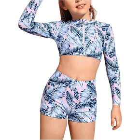 SHENHE Girl's 2 Piece Tropical Print High Waisted Long Sleeve Bikini Swimsuit Bathing Suit