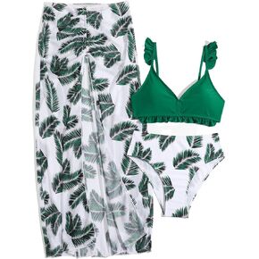 Verdusa Girl's 3 Piece Ruffle Trim Bathing Suit Bikini Swimsuits with Cover Up Skirt