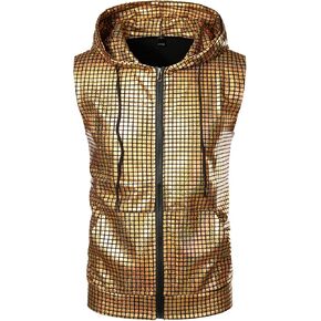 ZEROYAA Mens Shiny Metallic Zip Up Sleeveless Hooded Vest T Shirt with Kangaroo Pocket