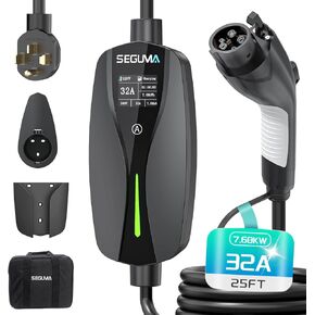 Level 2 EV Charger(32A, 240V, NEMA 14-50 Plug), Portable SAE Electric Car Charger with 25ft EV Charger Extension Cord, Adjustable Current, Home Outdoor Level 2 Mobile Electric Vehicle Charging Station