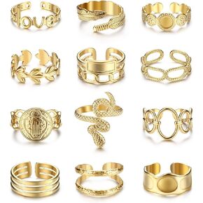 Besteel 18K Gold Plated Rings for Women, Stainless Steel Statement Rings Pack Stacking Boho Midi Rings Adjustable Open Ring Band Twisted Signet Rings Non Tarnish Gold Rings in Kuwait