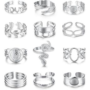 Besteel 18K Gold Plated Rings for Women, Stainless Steel Statement Rings Pack Stacking Boho Midi Rings Adjustable Open Ring Band Twisted Signet Rings Non Tarnish Gold Rings