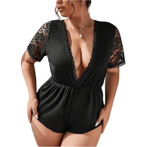 Women's Plus Size One Piece Pajamas Deep V Neck Contrast Lace Short Sleeve Tie Back Rompers Pjs