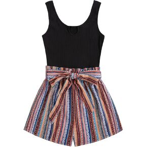 SHENHE Women's Summer Sleeveless Notched Neck Tropical Print Belted Shorts Tank Romper Jumpsuits