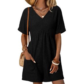AlvaQ Rompers for Women Solid Color Casual Short Sleeve V Neck Zipper Short Jumpsuits with Pockets