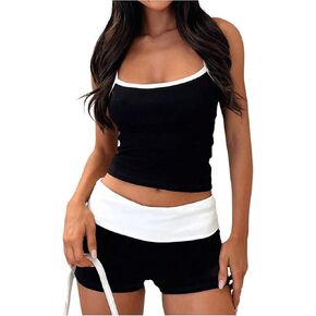 SOLY HUX Women's 2 Piece Summer Outfits Color Block Cami Crop Tops and Shorts Sets