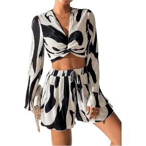 Verdusa Women's 2 Piece Outfit Twist Bell Sleeve Crop Top and Wide Leg Shorts Sets