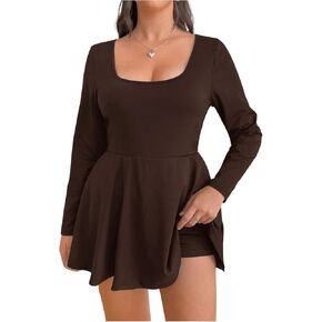 SOLY HUX Women's Plus Size Romper Square Neck Long Sleeve A Line Ruffled Hem Workout Short Jumpsuit