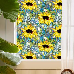 Runtoo Window Privacy Film Sunflower Day and Night Stained Glass Floral Static Cling UV Sun Blocking Non-Adhesive Removable Home Bathroom Door 3D Decorative Window Decal Clings, 15.7 x 40 inches