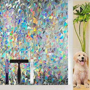 Rainbow Window Privacy Film with Installation Tools 3D Stained Glass Window Decals Static Cling Non-Adhesive Window Stickers Decorative for Home 17.5 x 78.7 Inch