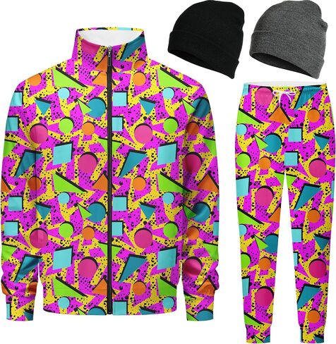 Retro 80s 90s outfit for men tracksuits sweatsuits for men 2 piece set Jogging Warm Up Zip with 2 Knit Beanie hat in Saudi Arabia