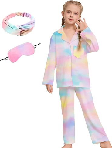 4 Pcs Kids Girls Pajamas Set with Headband Eye Masks Boy Girl Button-up Pajama Sleepwear Nightwear in Saudi Arabia