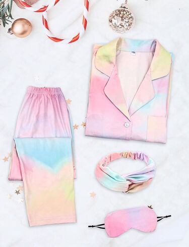 4 Pcs Kids Girls Pajamas Set with Headband Eye Masks Boy Girl Button-up Pajama Sleepwear Nightwear in Saudi Arabia