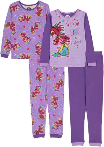 DREAMWORKS TROLLS Girls' 4-Piece Snug-fit Cotton Pajama Set, Soft & Cute for Kids in Saudi Arabia