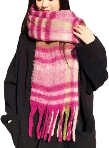 Womens Large Chunky Color Block Tassel Scarf Oversized Thick Scarves Long Shawl Fashion Winter Warm Blanket Scarf in Saudi Arabia