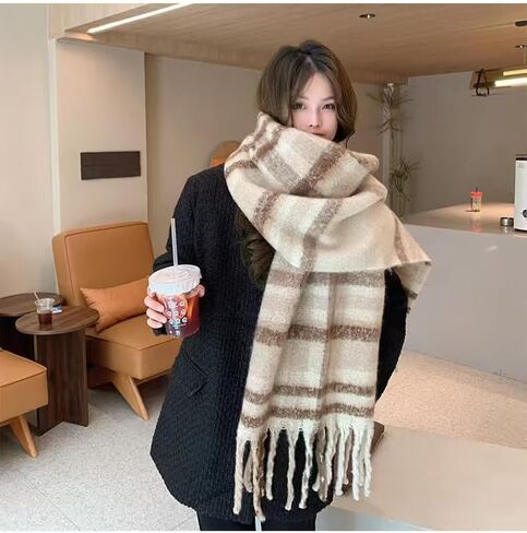 Womens Large Chunky Color Block Tassel Scarf Oversized Thick Scarves Long Shawl Fashion Winter Warm Blanket Scarf in Saudi Arabia