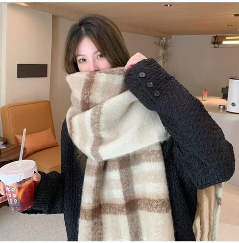 Womens Large Chunky Color Block Tassel Scarf Oversized Thick Scarves Long Shawl Fashion Winter Warm Blanket Scarf in Saudi Arabia