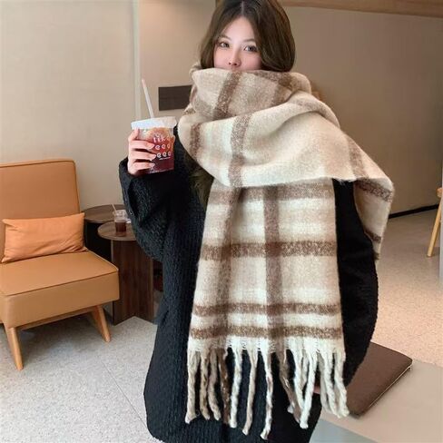 Womens Large Chunky Color Block Tassel Scarf Oversized Thick Scarves Long Shawl Fashion Winter Warm Blanket Scarf in Saudi Arabia