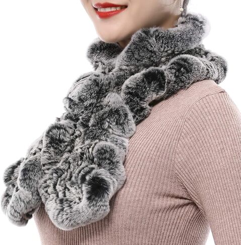 Valpeak Fur Scarves for Women Rabbit Fur Scarf Wrap Wave Cut Fur Neck Warmer Scarf for Winter Knitted Fuzzy Fluffy in Saudi Arabia