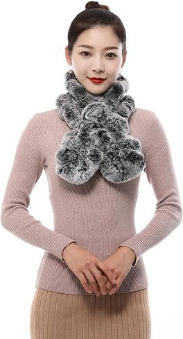 Valpeak Fur Scarves for Women Rabbit Fur Scarf Wrap Wave Cut Fur Neck Warmer Scarf for Winter Knitted Fuzzy Fluffy in Saudi Arabia