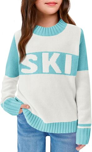 LAYOGAS Girl's Ski Pullover Sweaters Crew Neck Color Block Striped Long Sleeve Knitwear Jumper Tops in Saudi Arabia