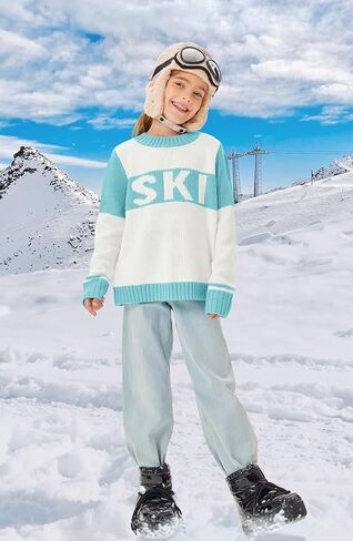 LAYOGAS Girl's Ski Pullover Sweaters Crew Neck Color Block Striped Long Sleeve Knitwear Jumper Tops in Saudi Arabia